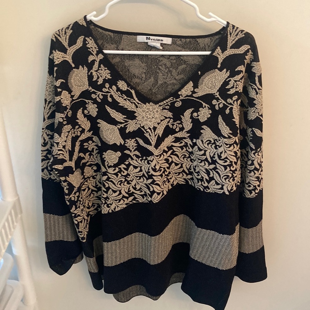 Vtg Nygård Collection 80s Black/Gold Floral Striped Design Sweater Sz XL (18-20)